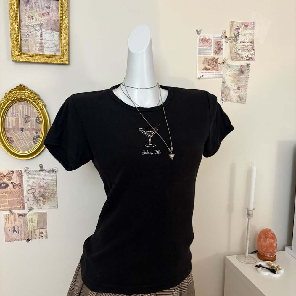Imagine Salem Ma Martini Rhinestone Graphic Tee Size L Black